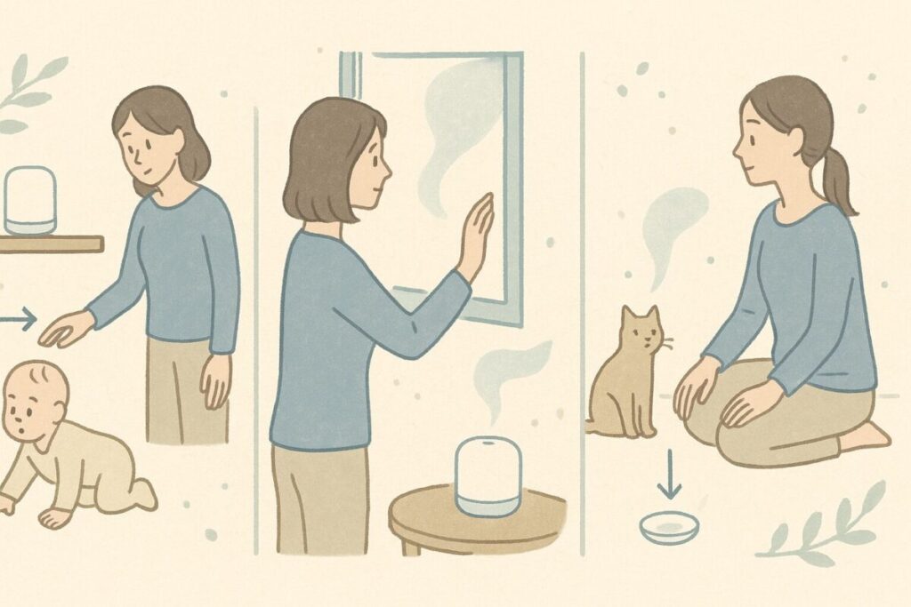 猫や赤ちゃんがいる家庭での安全距離や置き場所に配慮した使い方を表すイラスト。高い位置に置くなどトラブルを防ぐ配慮を示す内容。