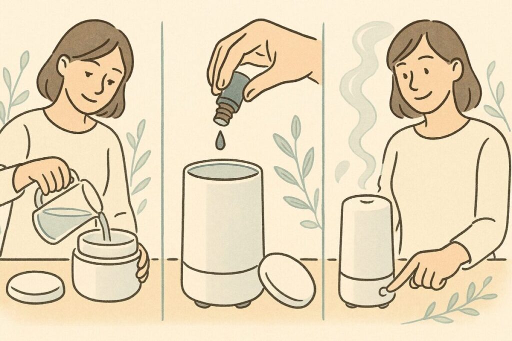 無印ディフューザーの正しい使い方を3ステップでイメージ化。給水→精油→運転の手順を視覚で理解でき、初心者が迷わず安全に使える印象のイラスト。