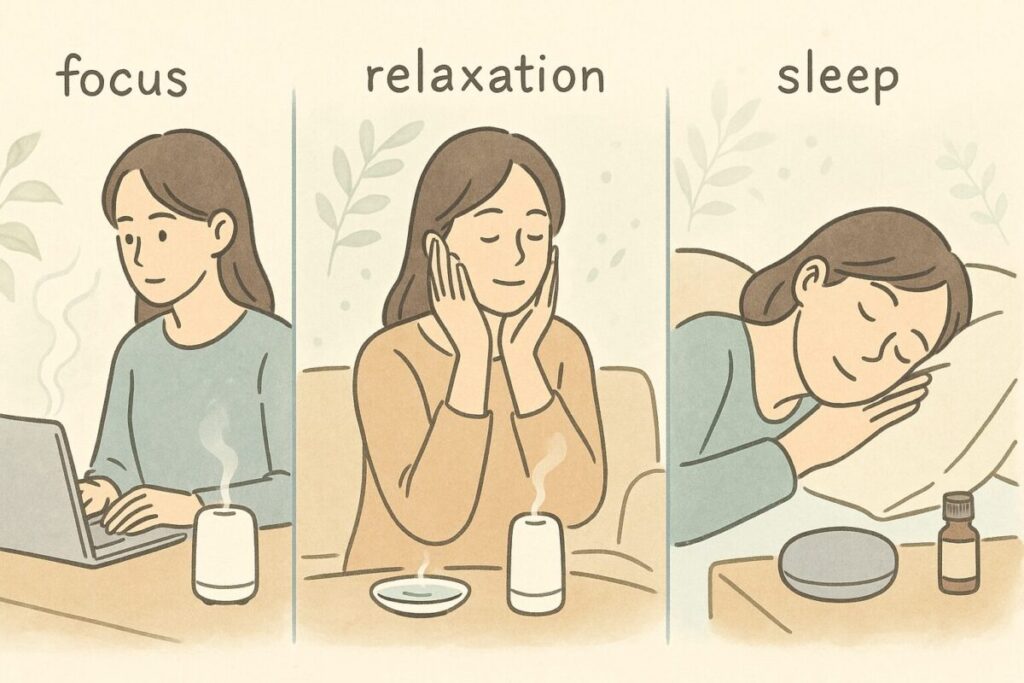 デスク・リビング・寝室などシーン別に最適な使い方を示すイラスト。距離感や置き場所の工夫で無印アロマをより快適に楽しむイメージを描写。