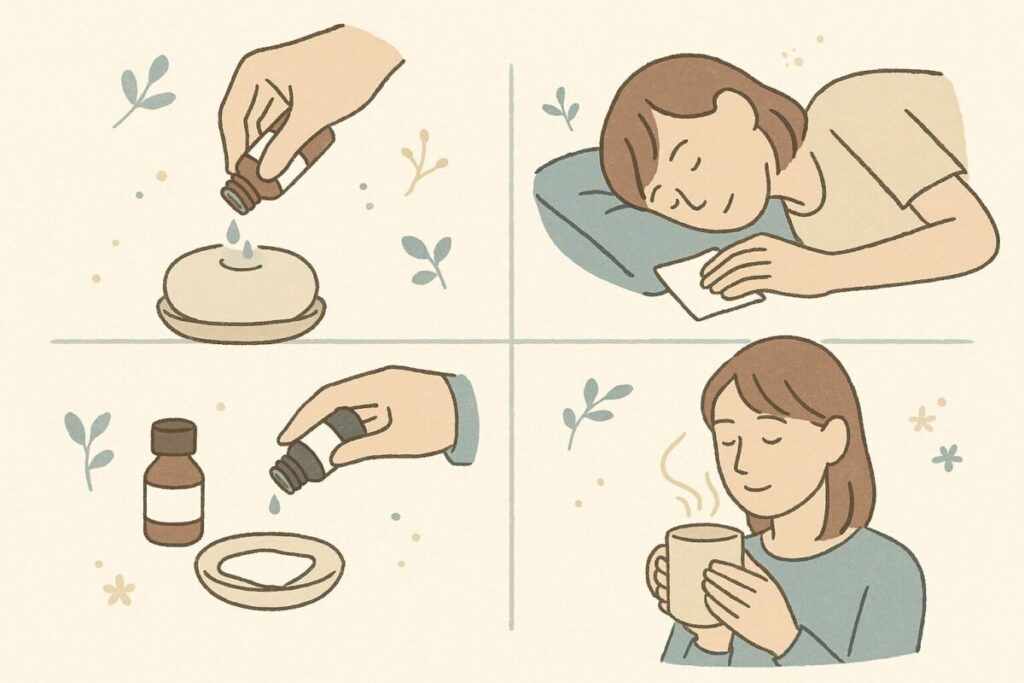 アロマストーンやティッシュ、小皿など器具なしでできる無印アロマの活用シーン。手軽にできる4つのアイデアを分かりやすく示したイラスト。