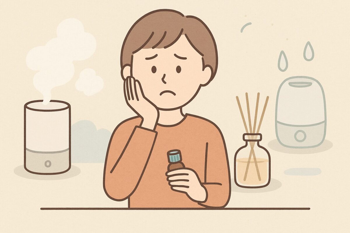 悩みながらアロマディフューザーの種類を比べる人のイラスト