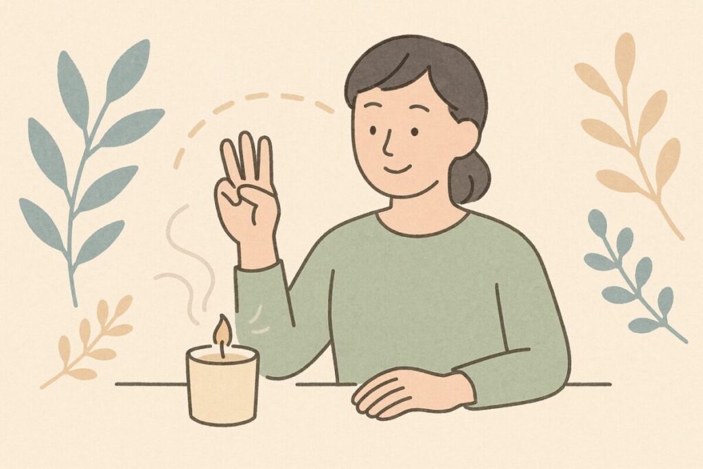 アロマキャンドルと一緒に3のジェスチャーをする人物の北欧風イラスト。