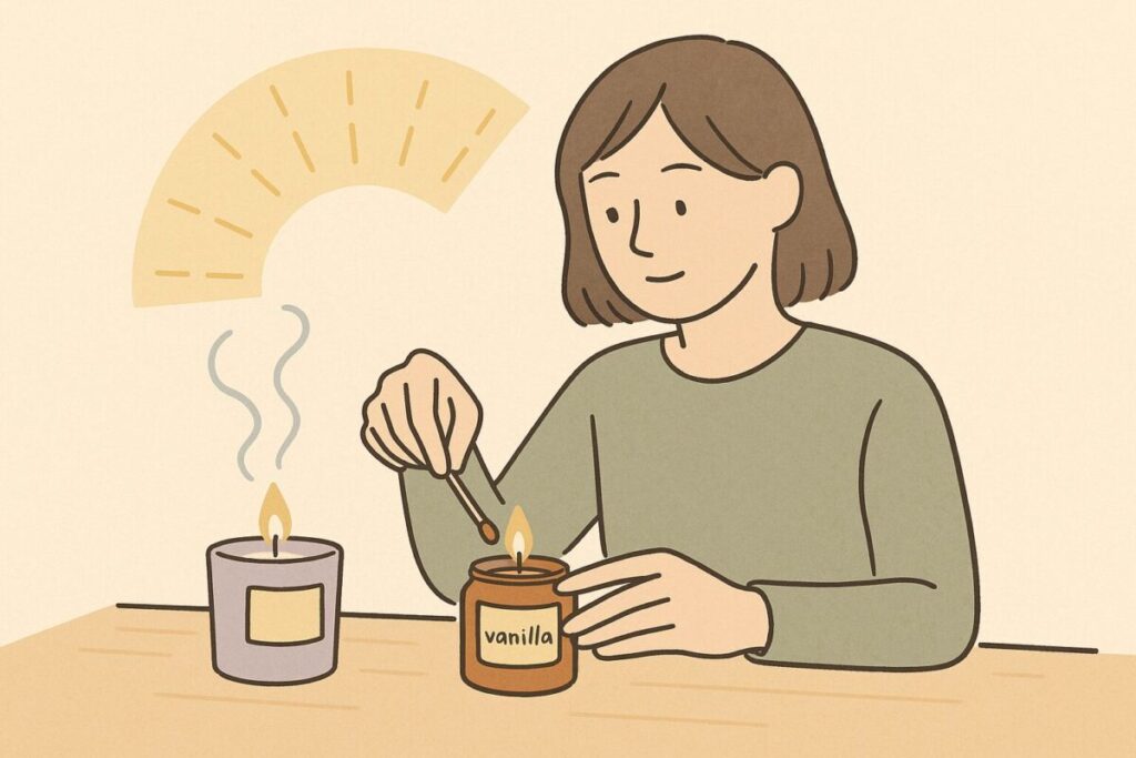 キャンドルに火をつけながらブランドごとの違いを確認する人物のイラスト。