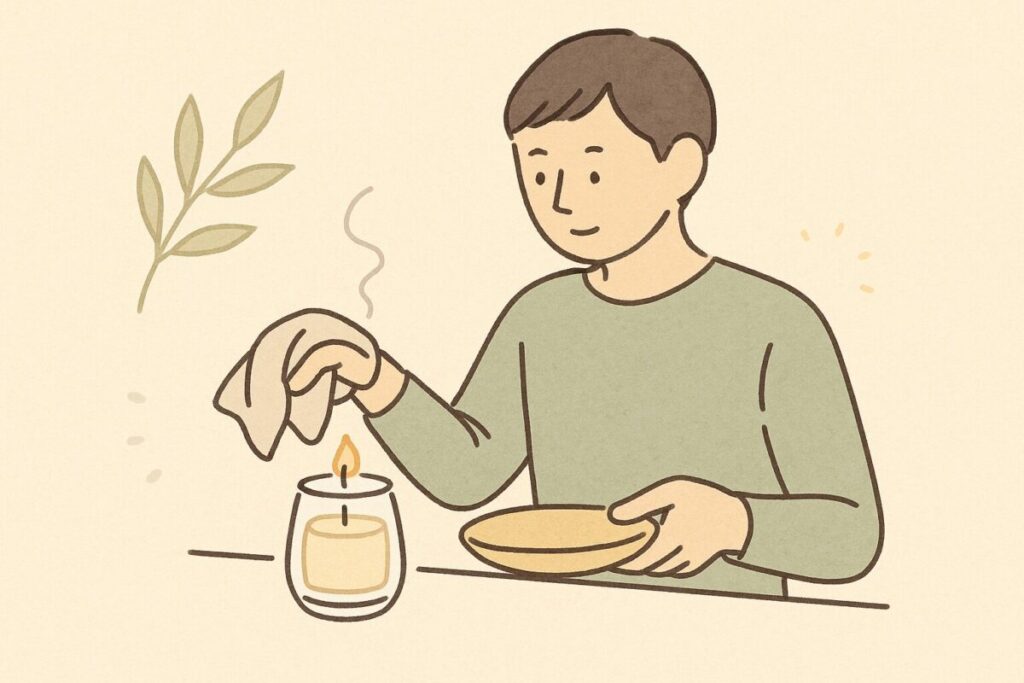 アロマキャンドルを布で拭き取り後片付けをしている人物のイラスト。