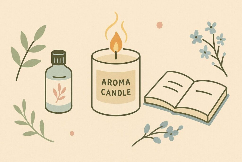 アロマキャンドルの使い方をまとめたイラスト。人物とキャンドル、エッセンシャルオイル、本が並んだ北欧風の構図。
