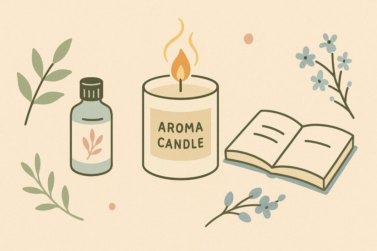 アロマキャンドルの使い方をまとめたイラスト。人物とキャンドル、エッセンシャルオイル、本が並んだ北欧風の構図。