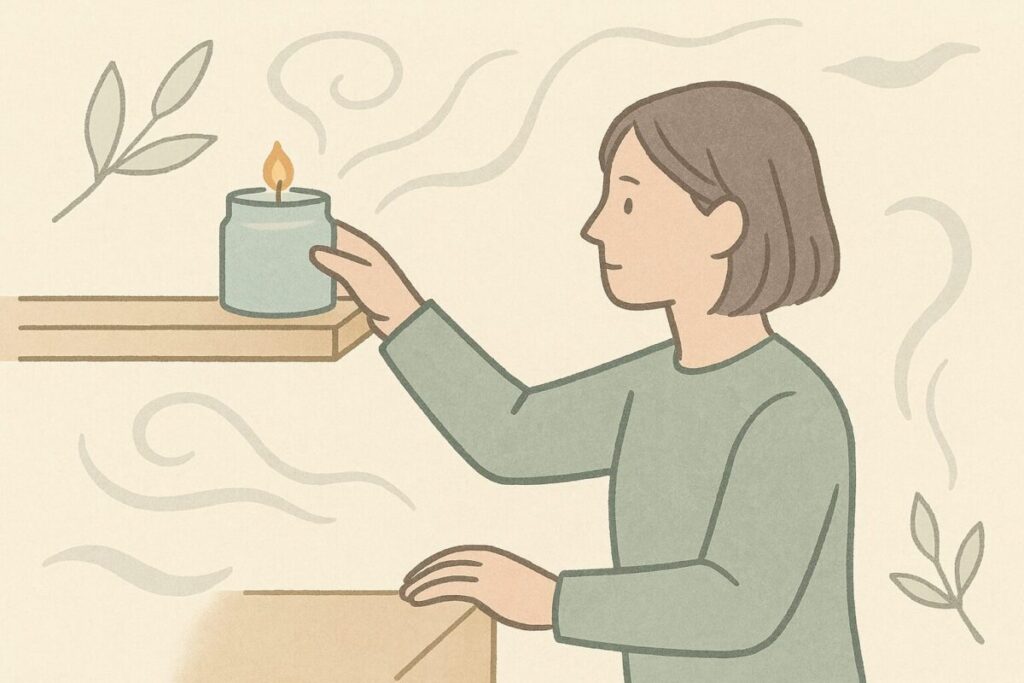 高い棚にアロマキャンドルを置き安全に配慮する人物のイラスト。