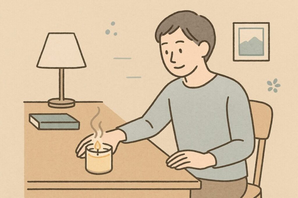 デスクの上にキャンドルを置いて活用している人物の生活シーンのイラスト。
