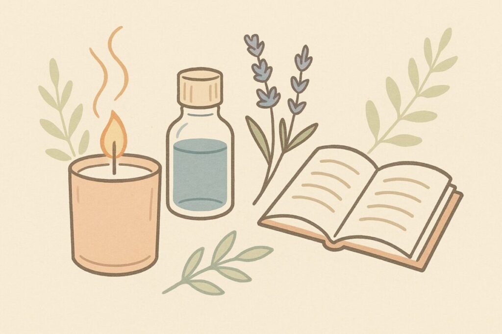 キャンドル、オイル瓶、本、植物が並ぶアロマキャンドル解説記事のまとめイラスト。