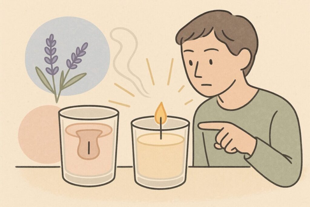 トンネル化したキャンドルと正常に燃えるキャンドルを指差して確認する人物のイラスト。