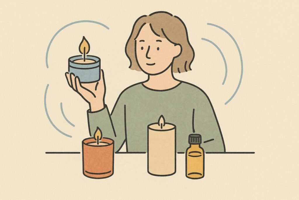 形や色の異なるキャンドルを手に取り比較している人物のイラスト。