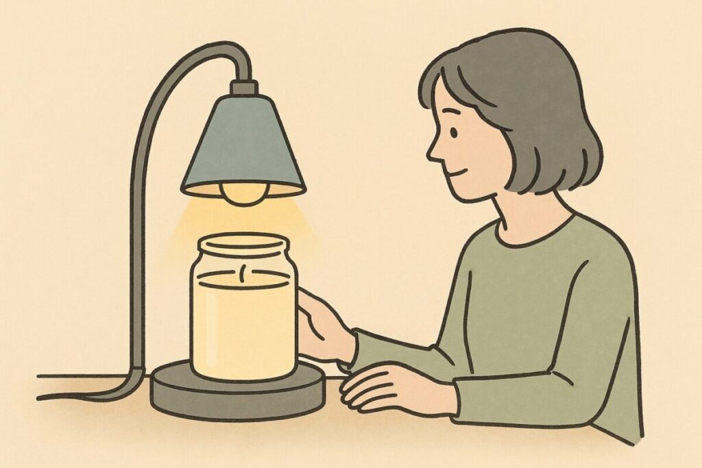 電気式キャンドルウォーマーでロウを温めて香りを楽しむ人物のイラスト。