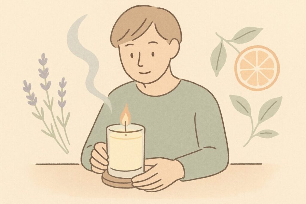 アロマキャンドルを手に持ち火を灯して香りを確かめる人物のイラスト。