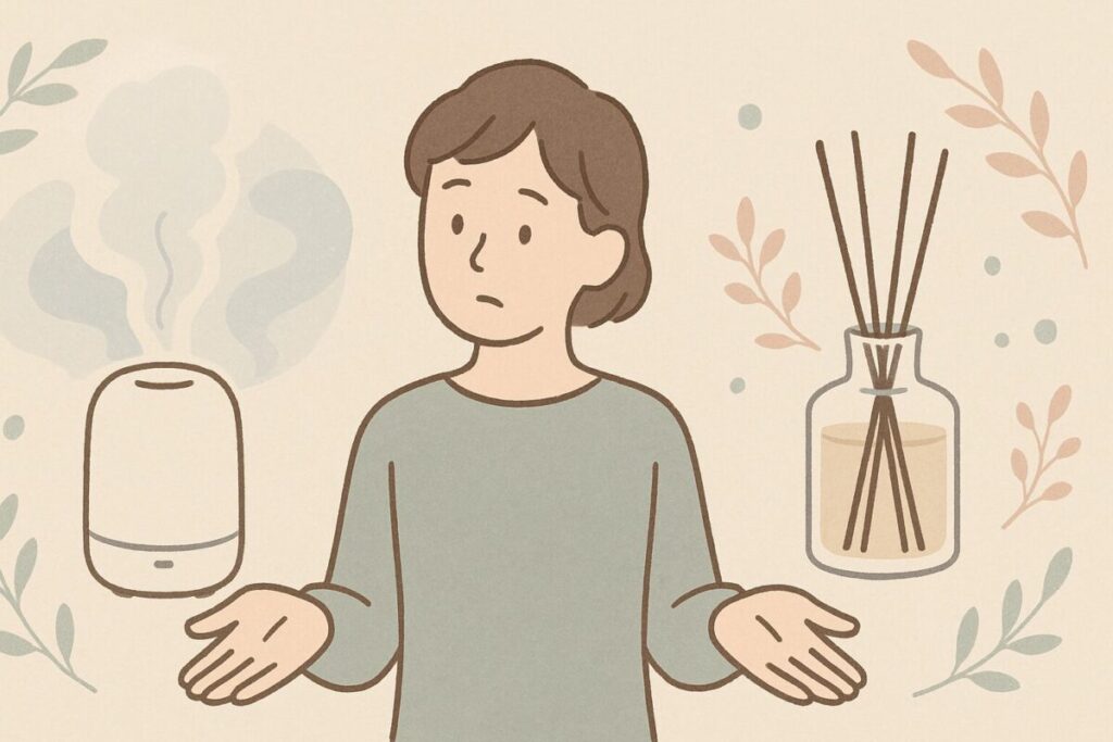 悩みながらアロマディフューザーの種類を比べる人のイラスト