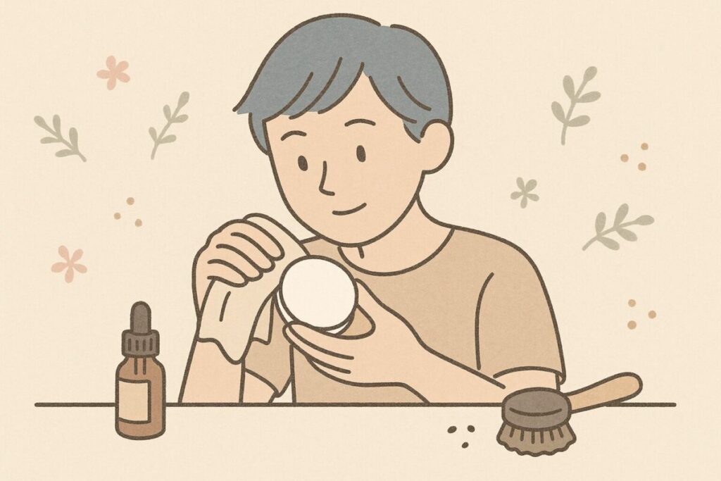 アロマストーンのベタつきを布で拭き取る手元のイラスト