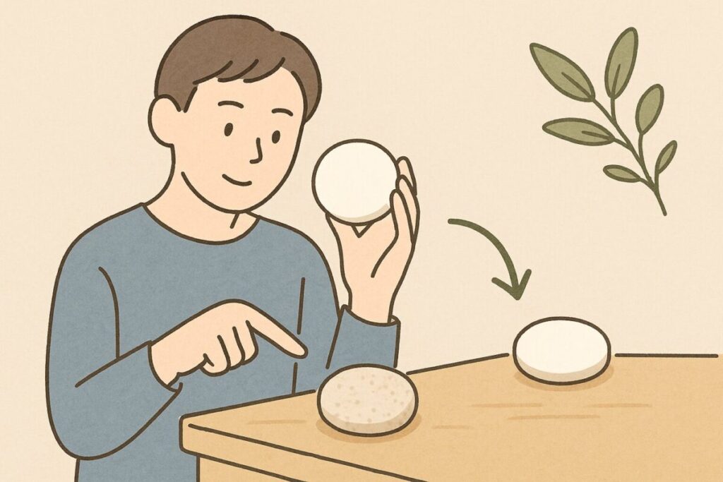 アロマストーンの新品と劣化品を比較して替えどきを確認する人物