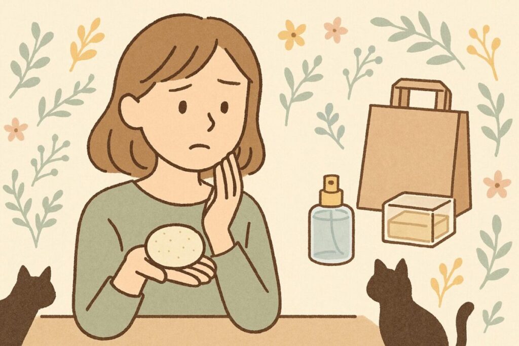 アロマストーンに香水を使っていいか悩んでいる様子をやわらかい北欧テイストで表現したイラスト