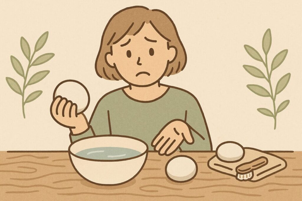 アロマストーンを洗うべきか迷って困っている人物のイラスト