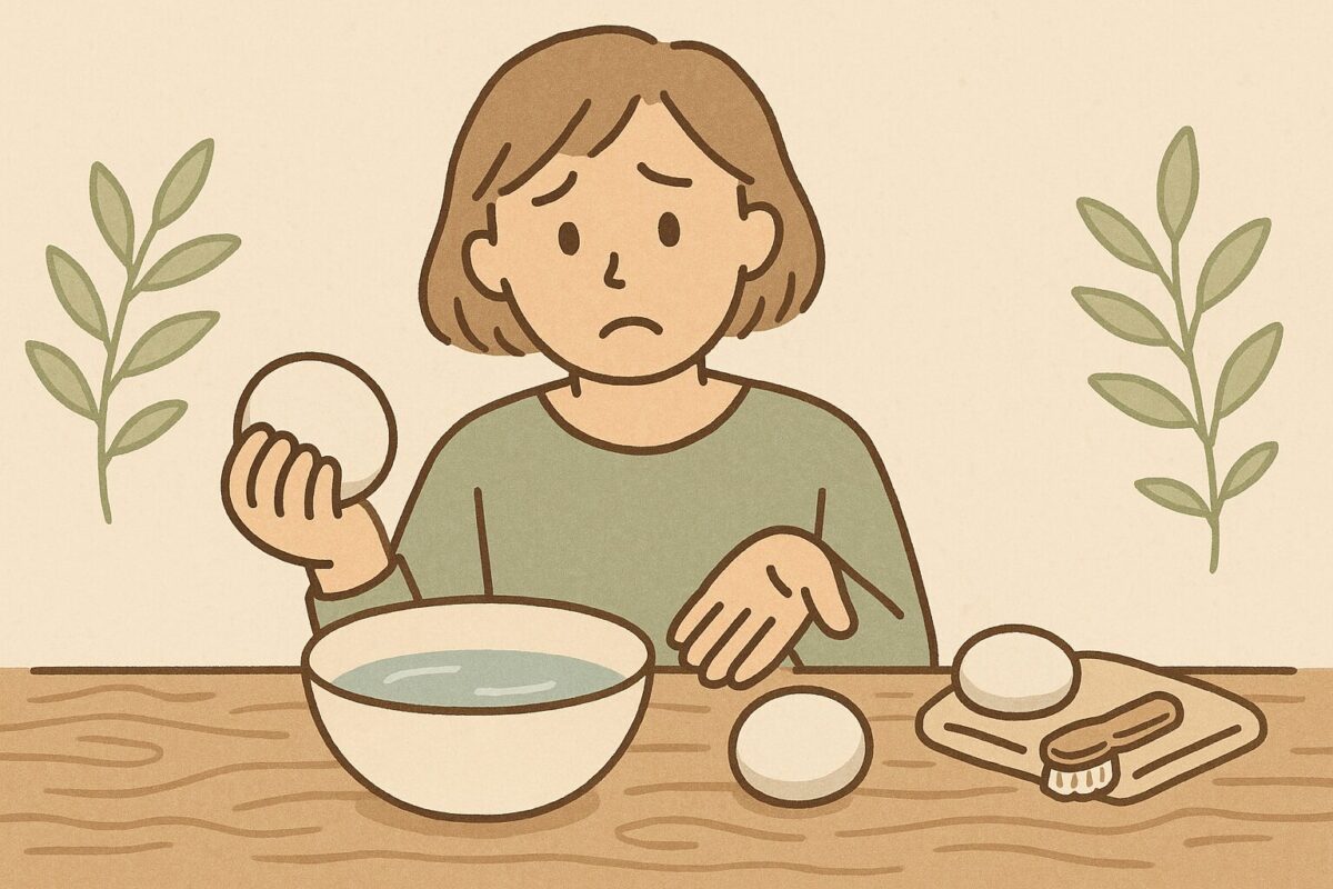 アロマストーンを洗うべきか迷って困っている人物のイラスト