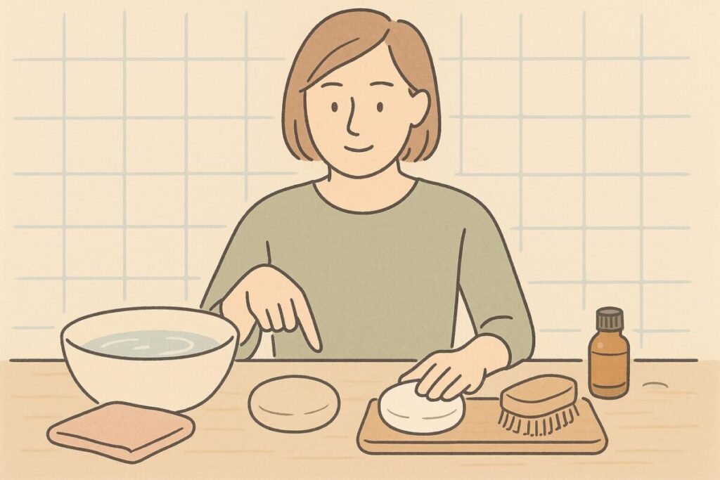 アロマストーンの素材別に洗えるかを指差し比較する人物