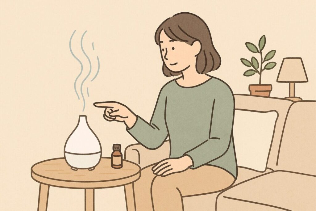 リビングのテーブルに置いたディフューザーと適切な距離を示す人物の使用例