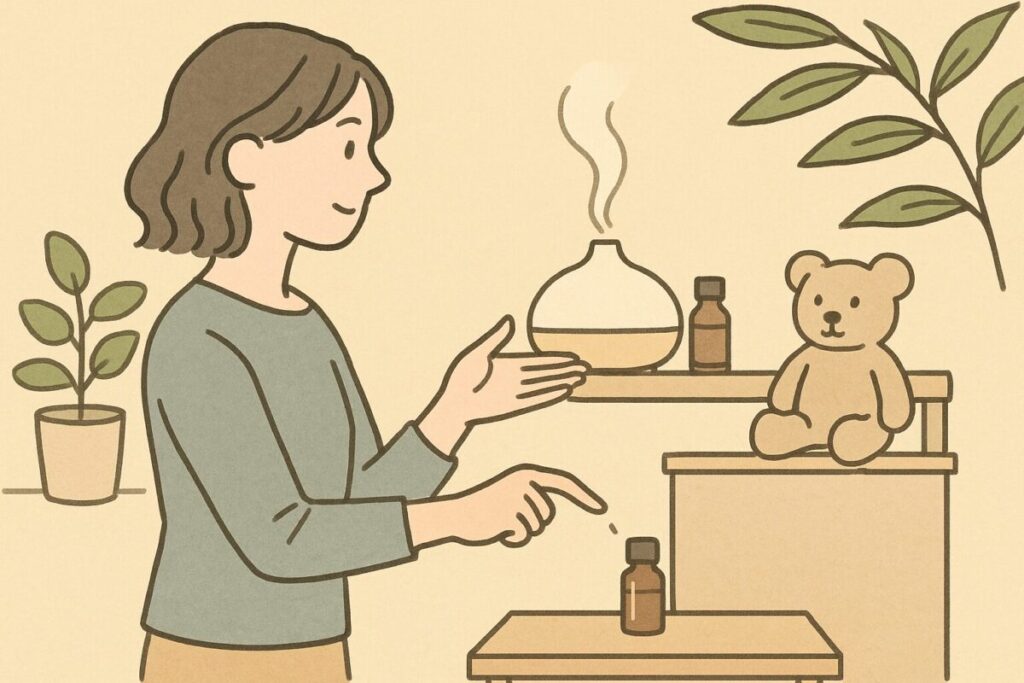 子どもやペットの手が届かない高い棚へディフューザーを設置して安全を確保している様子