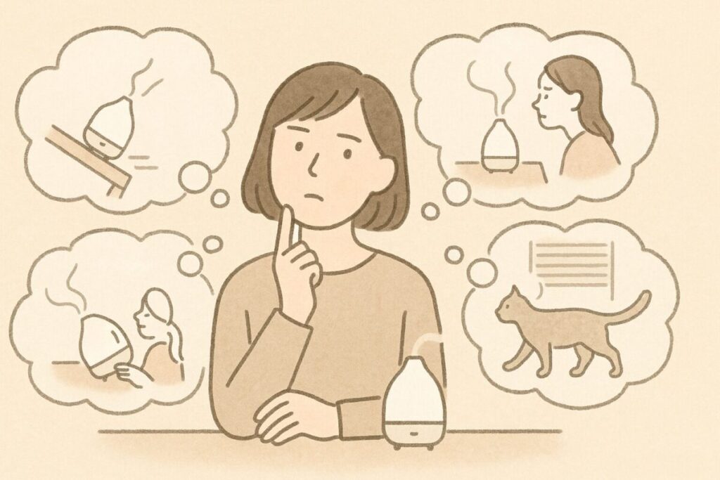 アロマディフューザーの危ない使い方を頭の中で考える人のイラスト