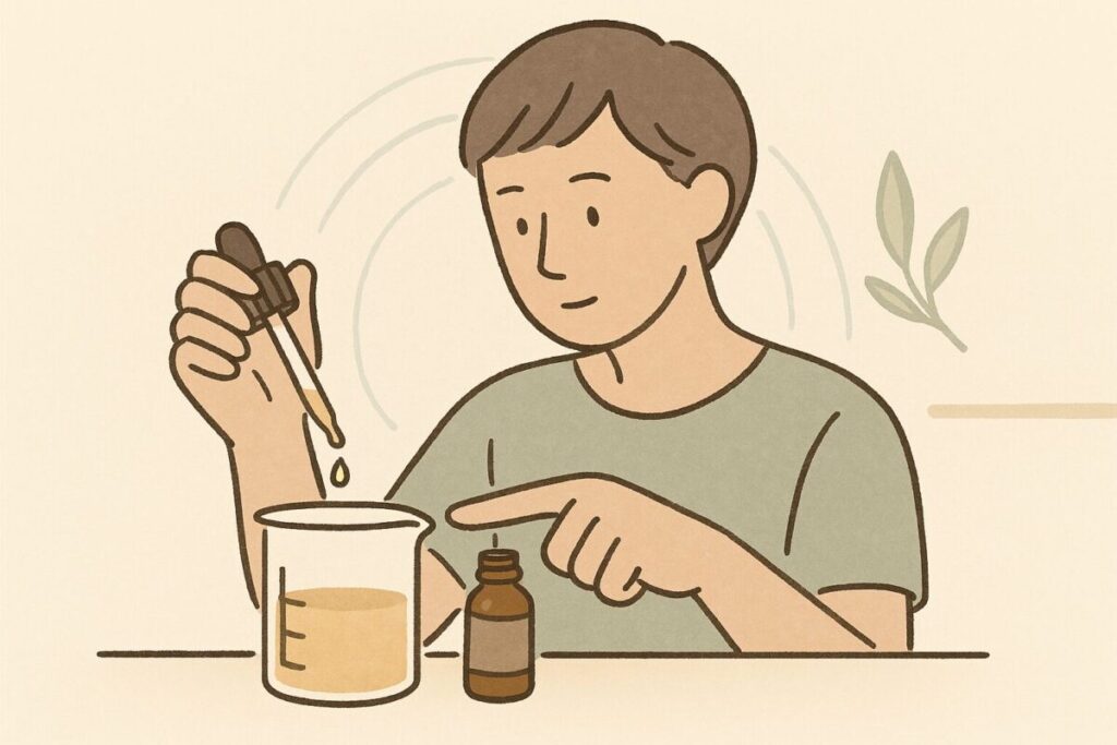 アロマオイルをスポイトでビーカーに滴下して希釈濃度を確認している様子