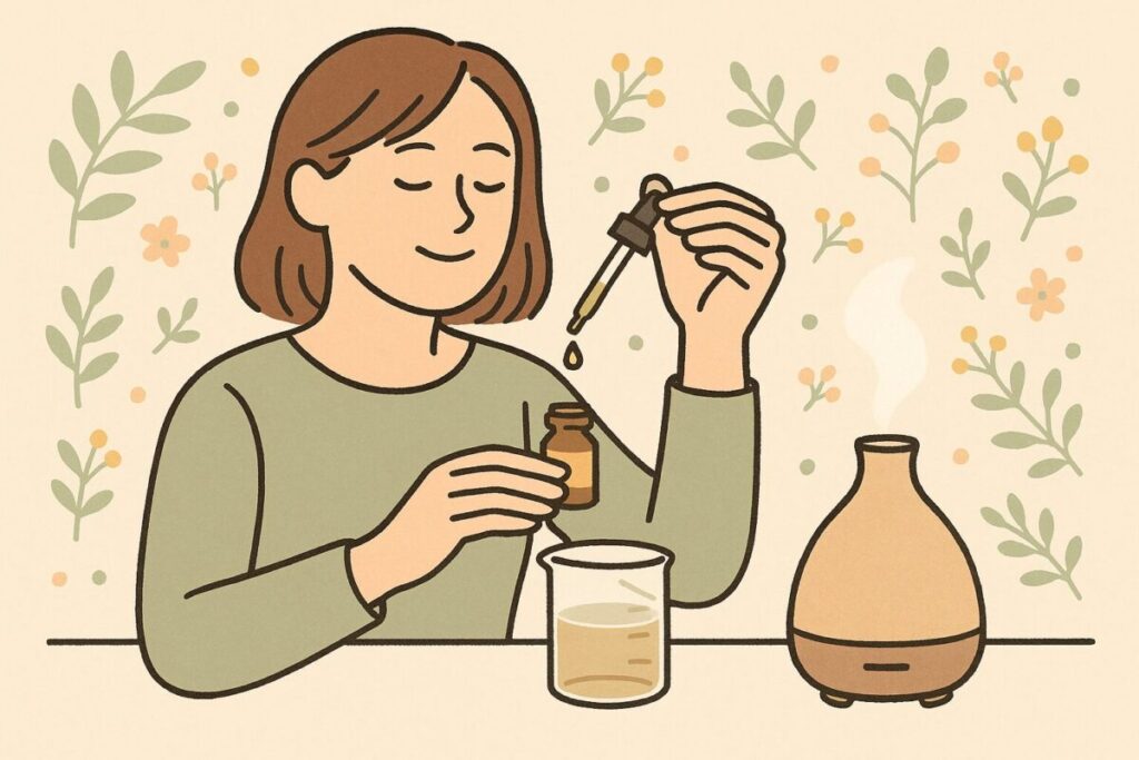 アロマオイルをスポイトでビーカーに滴下しながら香りを楽しむ人物のシーン