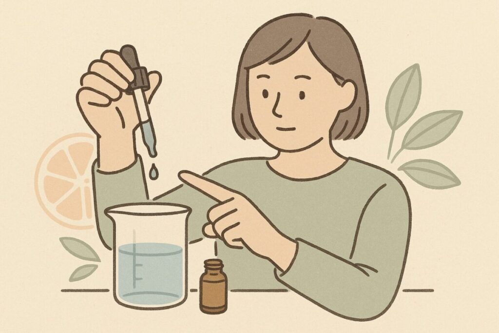 精油を1滴ずつ落として濃度を計算する場面を人物が指差しで示している図