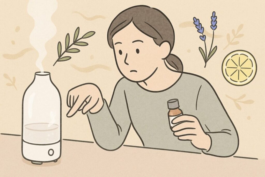 ミスト式ディフューザーが香らない原因を指差し確認する人のイラスト