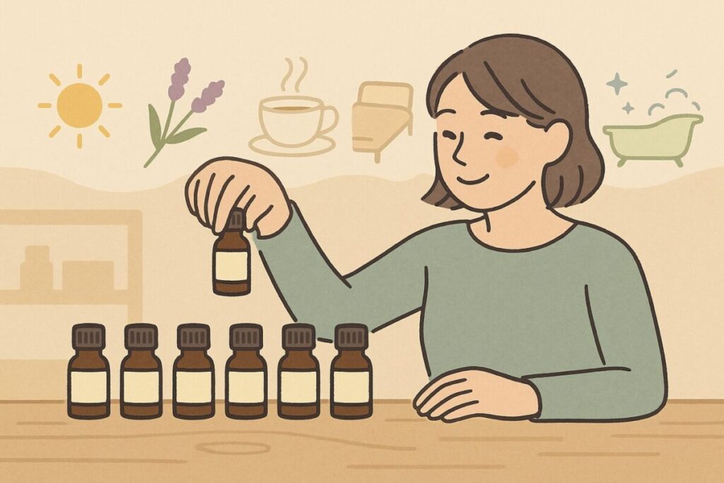 シーンごとに精油を選ぶ楽しさを表現した人物のイラスト