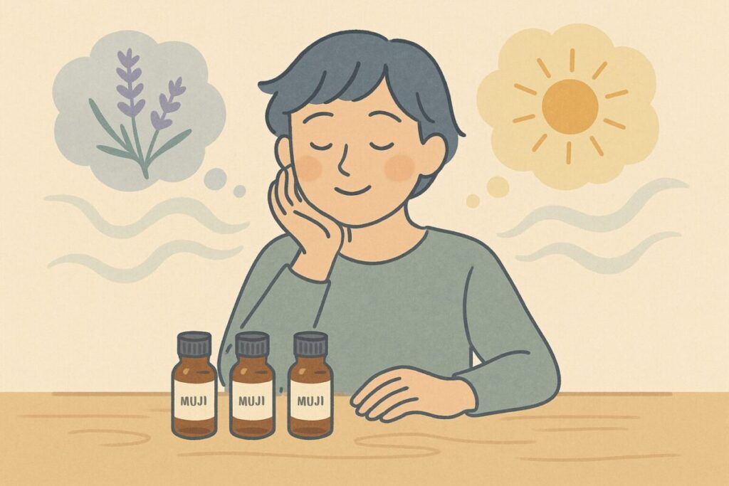 無印良品アロマオイルのメリットを指差して確認する人物のイラスト