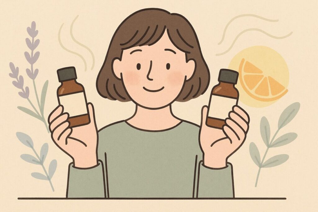 無印良品アロマオイル2種類を比較して迷う人物のイラスト