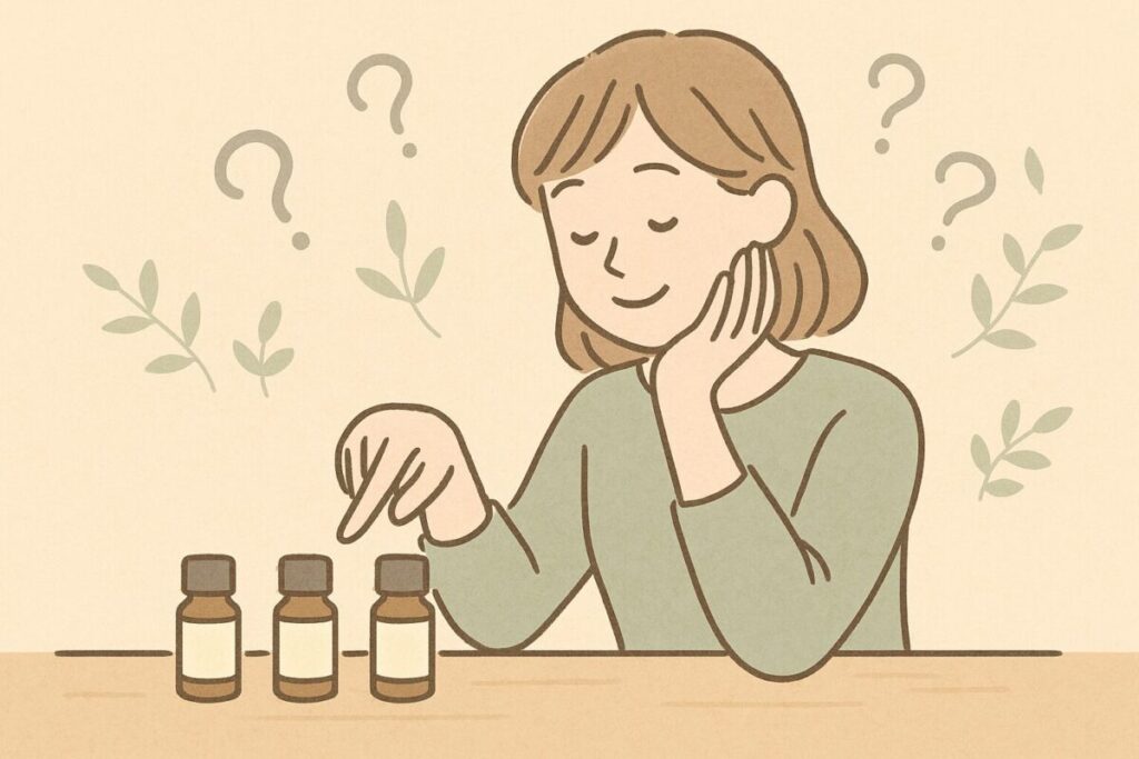 無印良品アロマオイルを見て迷っている人物のイラスト