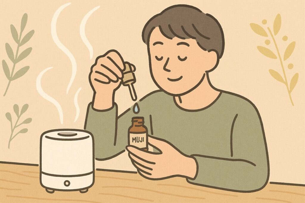 無印良品のアロマオイルをディフューザーに垂らす手元のイラスト