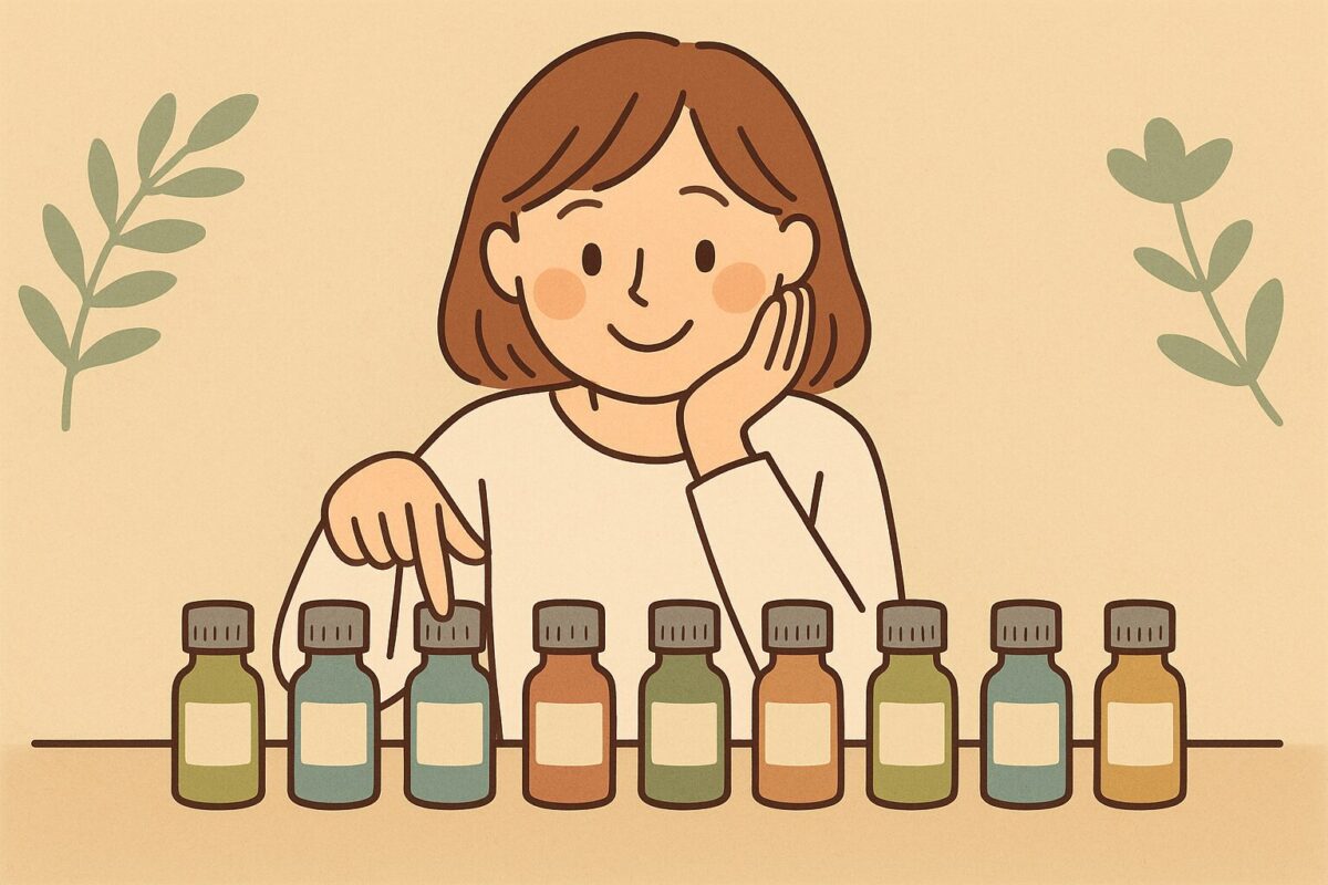 無印良品のアロマオイル7種類を選んでいる人物のイラスト