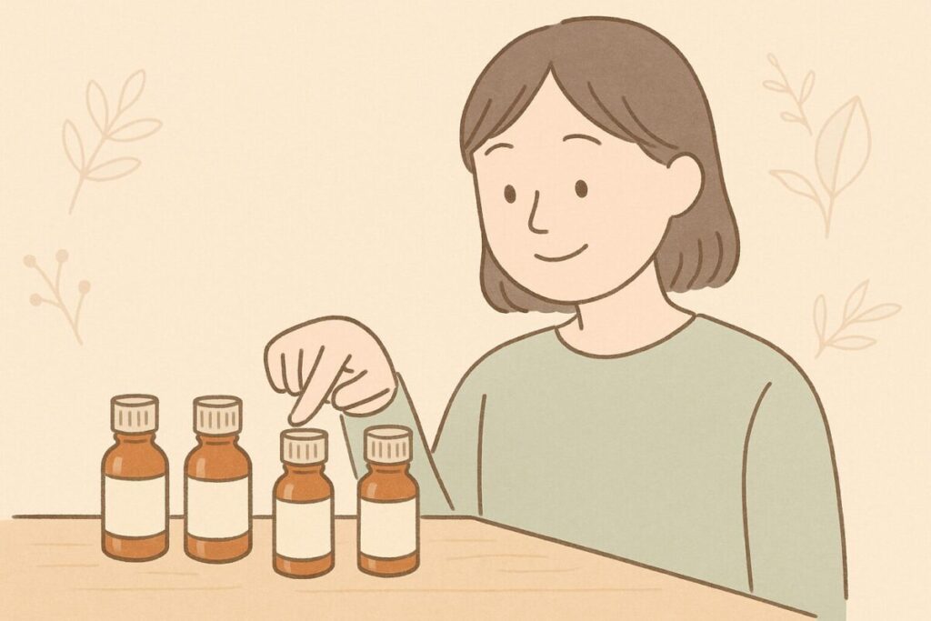 無印良品アロマオイルを安全な場所に置いて確認する人物のイラスト