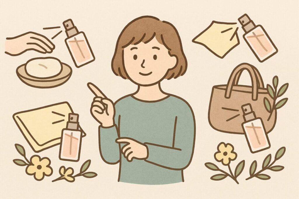 コットンやハンカチ、バッグなどアロマストーン以外で香水を楽しむ簡単な活用法を紹介するイラスト