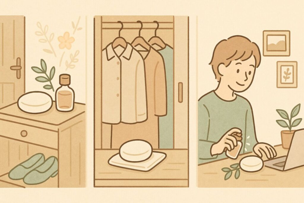 アロマストーンに香水を取り入れるおすすめ活用法を3シーンで表したイラスト