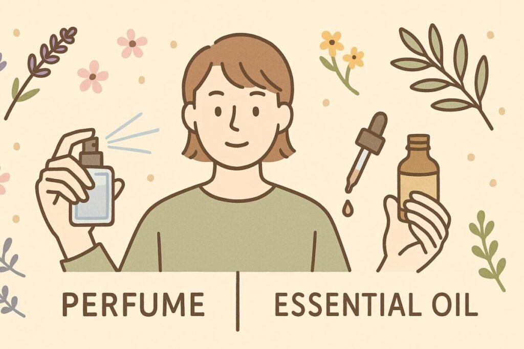 香水とアロマオイル(精油)の違いを比較し、成分や濃度が異なるイメージを表したイラスト
