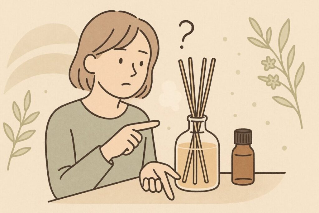 リードディフューザーが香らない原因を見つめて悩む人のイラスト