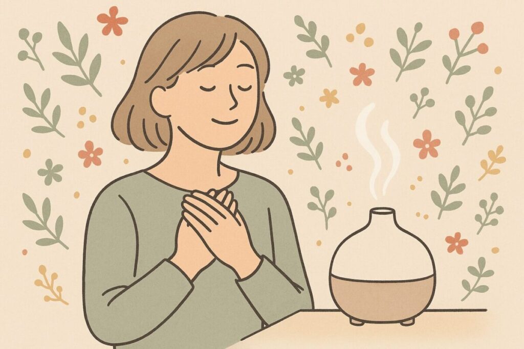 胸に手を当ててアロマの香りを感じながら落ち着く人物のリラックスシーン