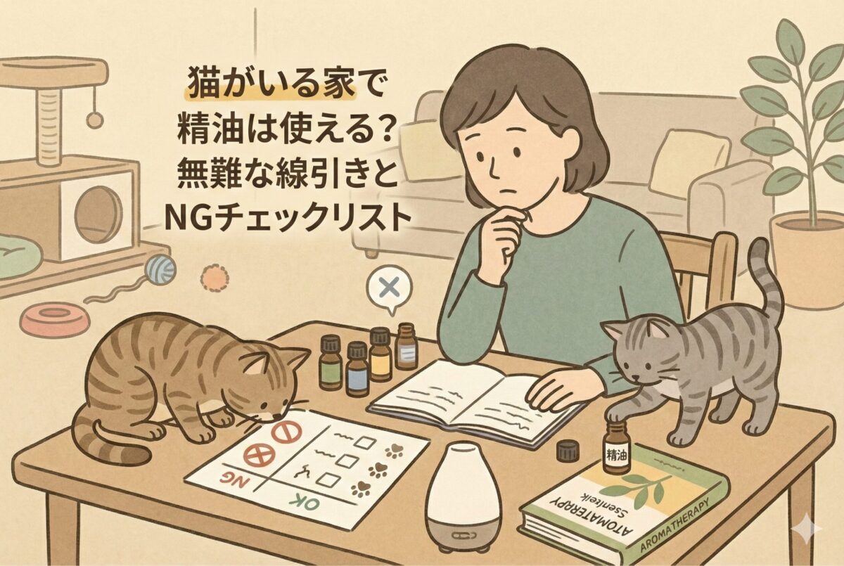 猫がいる家での精油の安全性とNGチェックリストについて考える女性と猫のイラスト