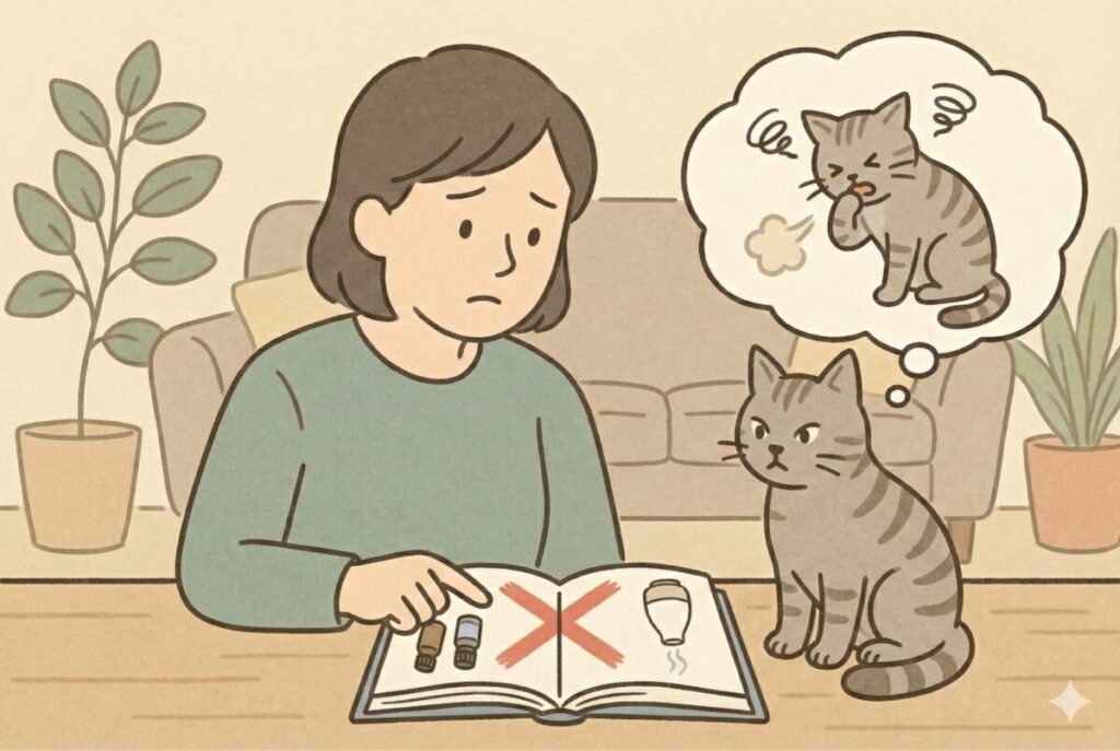 精油が猫にとってダメな理由を調べている女性と、心配そうに見つめる猫