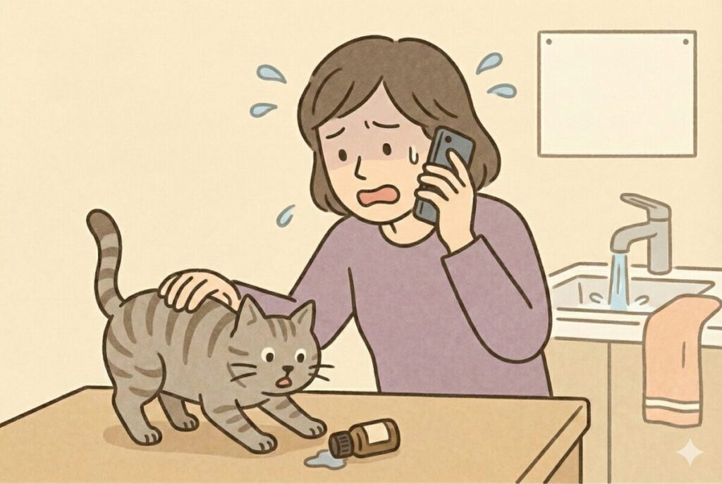 猫が精油を誤飲した・触れた疑いがある際に、動物病院へ緊急連絡をする女性