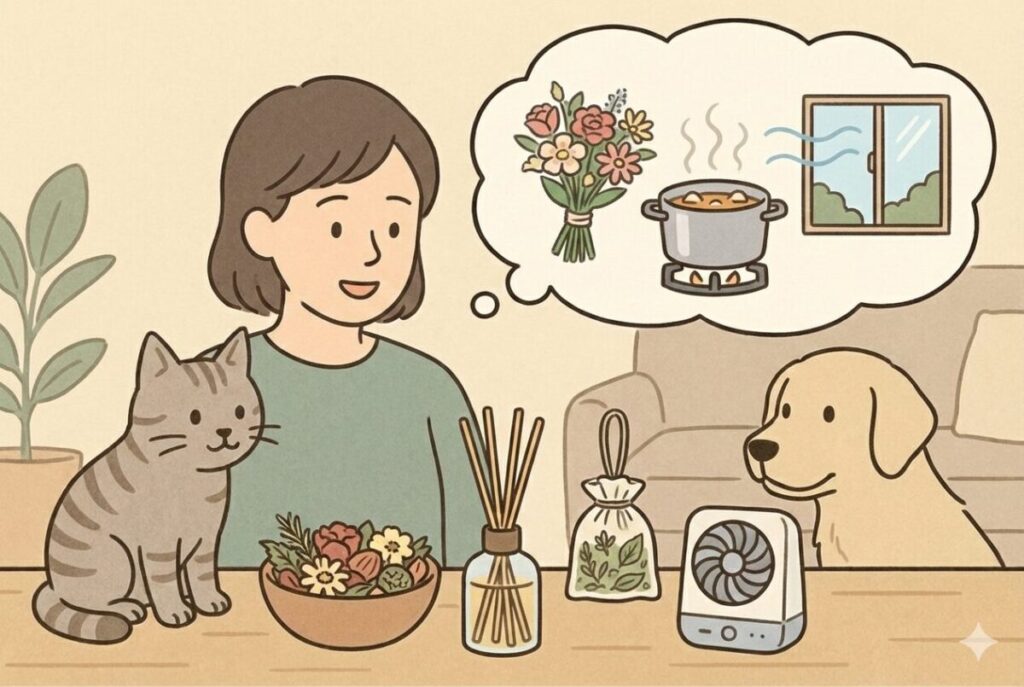 猫がいる家でも安全な香りの楽しみ方（代替案）を思い浮かべる女性のイラスト