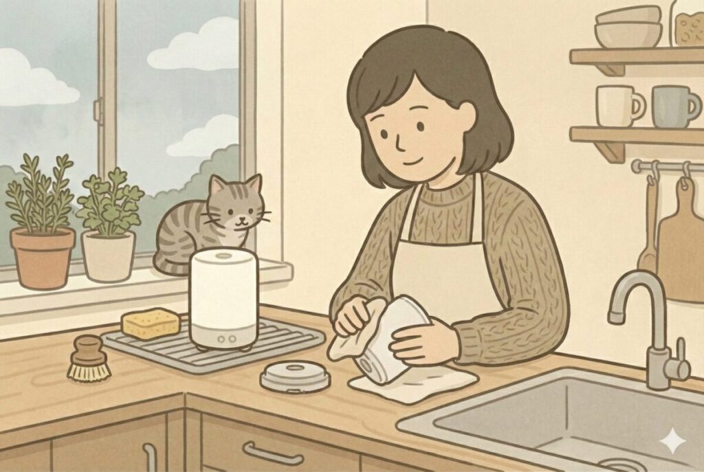 キッチンのシンクでアロマディフューザーの本体やカバーを布で拭き、最低限のお手入れをする女性のイラスト