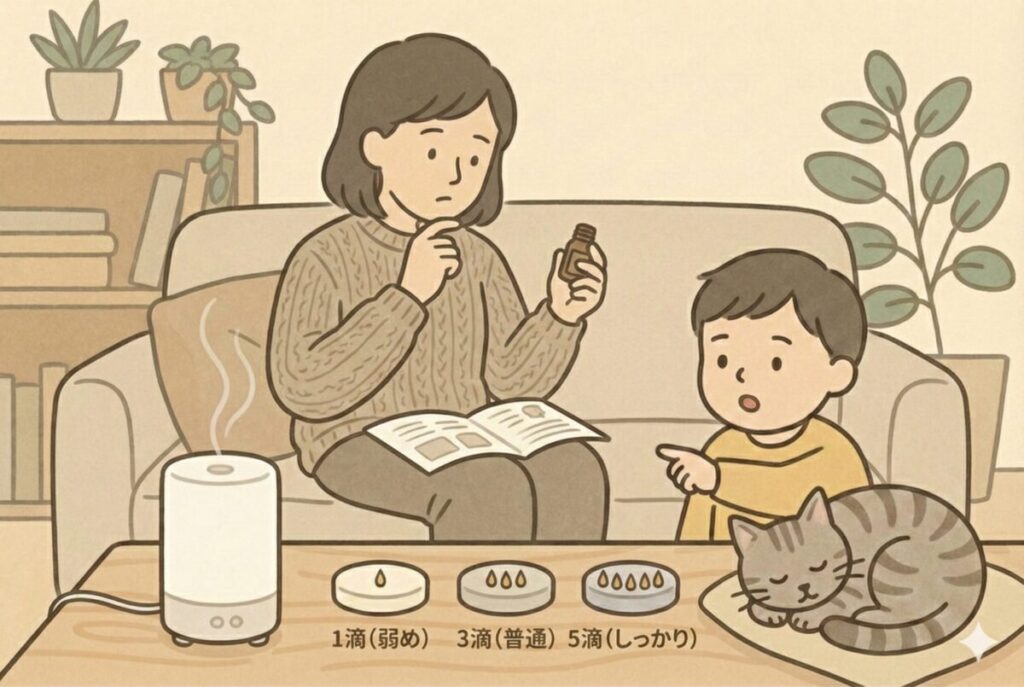アロマディフューザーに入れるエッセンシャルオイルの適量（何滴か）を、子どもと一緒に考える女性のイラスト
