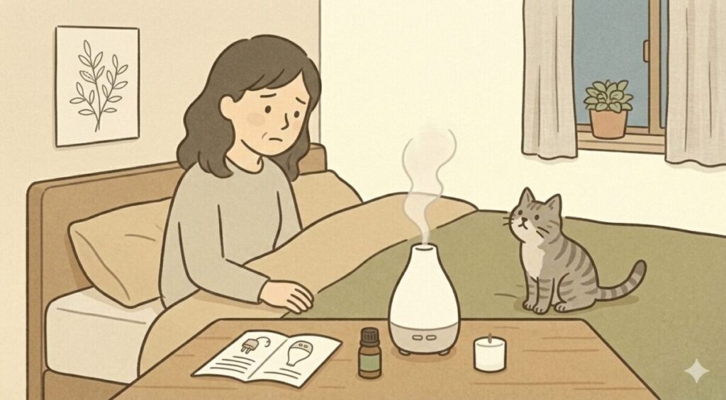 アロマディフューザーの取扱説明書を見ながら、ミストが出ないなどのトラブルやよくある質問を調べる親子のイラスト